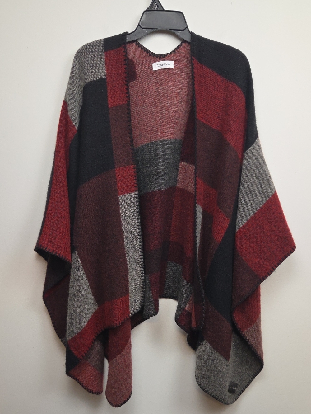 Calvin Klein Cozy Open-Front Plaid Patchwork Colorblock Sweater Blanket Poncho